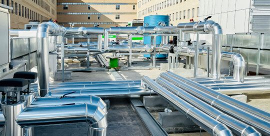 Aislamiento de líneas de climatización con espuma elastomérica y chapa de aluminio.